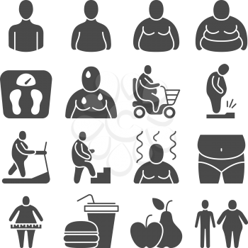 Fat obese people, overweight person vector icons. People overweight and fat, body obesity illustration