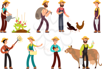 Happy farmers with agricultural tools and planting vector characters set. Illustration of farming and farmer character work