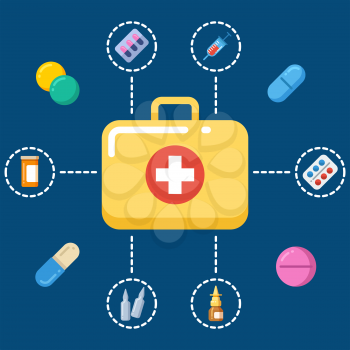 First aid kit concept - medicine icons set. Medicine symbol, vector illustration