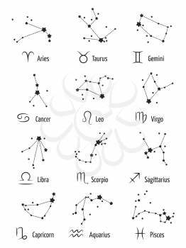 Zodiac signs horoscope symbols astrology icons - stars zodiacal constellations isolated on white background. Astrology and zodiac constellation for horoscope, vector illustration