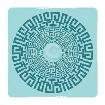 Grunge ancient Greek round meander key emblem in square frame. Vector illustration