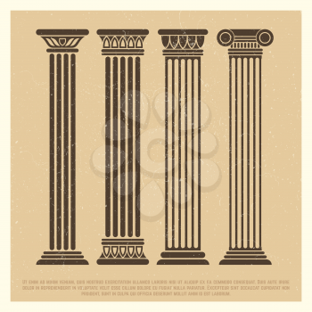 Grunge poster with ancient columns set on simple art style. Vector illustration