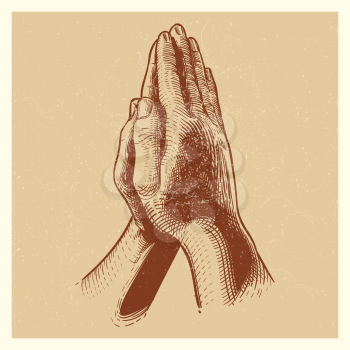 Grunge poster with hand drawn praying hands. Pray drawing, faith religion and hope. Vector illustration