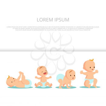 First babys steps banner design - cute baby background. Toddler baby walk vector, kid infant cartoon illustration