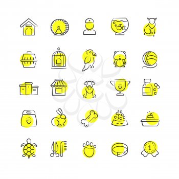 Pet shop, animals and pets accessorises linear icons with yellow rounds isolated on whie background. Vector illustration