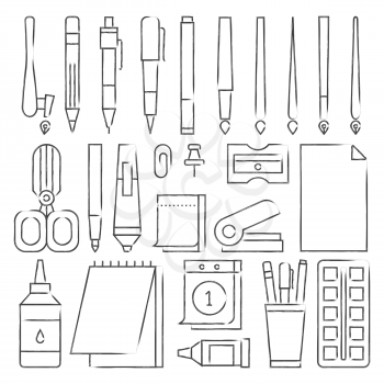 Grunge line stationery icons set vector. Illustration of pen and pencil