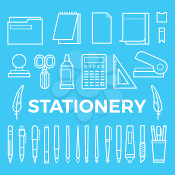 Line style stationery icons collection. Vector office stationery pencil, marker and pen, brush and ballpoint illustration, stapler, paintbrush,