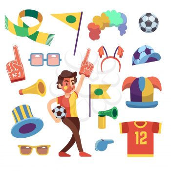 Soccer sports funs with tools to cheer team win. Cartoon vector set. Sport soccer and football cheering elements illustration