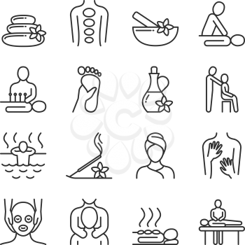 Relaxing massage and organic spa line pictograms. Hand therapy vector icons. Spa and therapy, massage for health and relax illustration