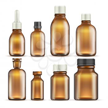 Realistic brown glass medicine and cosmetic bottles, medical packaging isolated vector set. Illustration of bottle glass container medical drug