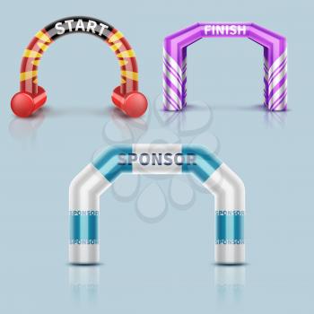 Inflatable race start and finish archway, outdoor sports event arch decoration and sponsor banner. Start arch for run or race. Vector illustration