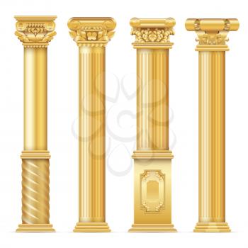 Classic antique gold columns vector set. Illustration of architecture column, architectural classic pillar
