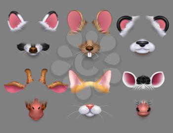 Cute animal ears and nose video effect filters. Funny animals faces masks for mobile phone vector set. Animal character avatar for selfie application illustration