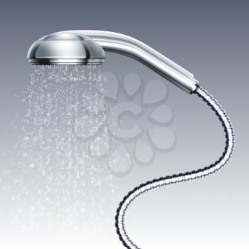 Bathroom shower head with water rain spray isolated vector illustration. Shower for bathroom, water spray and droplet
