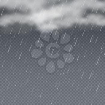 Rain vector 3d illustration with falling water drops and grey storm clouds. Raindrop weather backdrop, rain splash shower