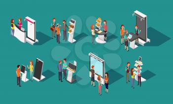 People standing at expo promotional stands vector 3d isometric set. Exhibition promotional and demonstration panel, promo desk for shop illustration