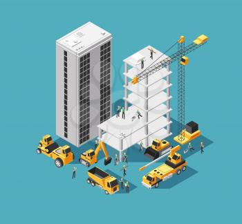 Building construction vector 3d isometric concept with builders and heavy equipment. House construction site background. Isometric construction site with crane and machine illustration