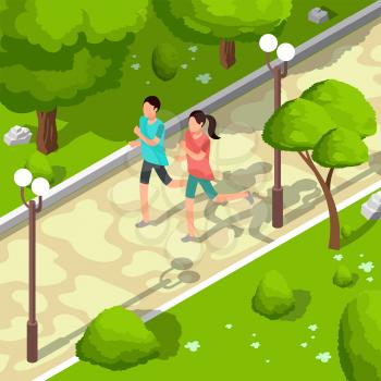 Sport family running in park vector isometric 3d illustration. Healthy lifestyle concept. Sport and fitness outdoor, people run active illustration