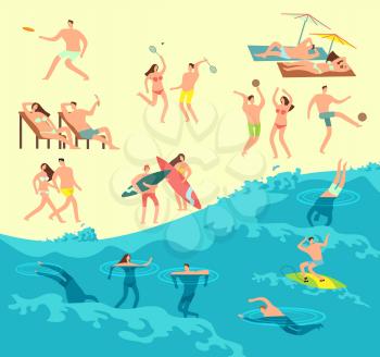 Sunbathing, playing and swimming people in summer beach vector illustration. People man and woman on beach sea, travel summer vacation