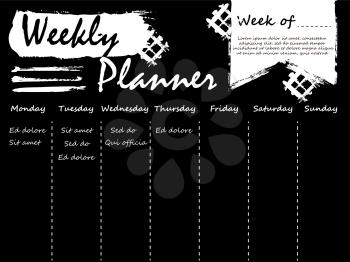 Black and white weekly planner template design with grunge effect. Vector illustration