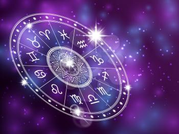 Horoscope circle on shiny backgroung - space backdrop with white astrology circle. Horoscope zodiac, symbols of aries and aquarius, sagittarius and scorpio, pisces and libra. Vector illustration