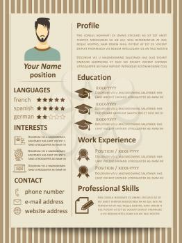 Modern flat male resume tempate with design elements. Vector of resume for business company illustration