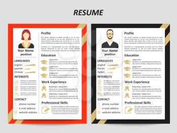 Modern style male and female resume templates with flat elements. Vector illustration