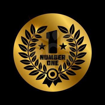 Black number one label on shiny gold background - winner concept icon. Vector illustration