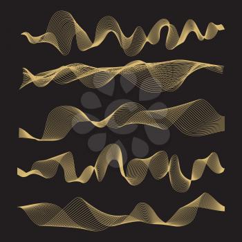 Abstract waves vector set on black background. Illustration of curve wave line, creative smooth digital waveform