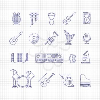 Ballpoint drawing music concert instruments thin line icons of set. Vector illustration