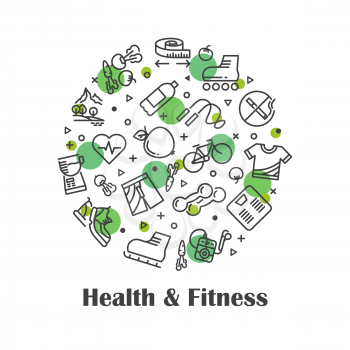 Health and fitness, fresh food outline emblem icons concept vector illustration