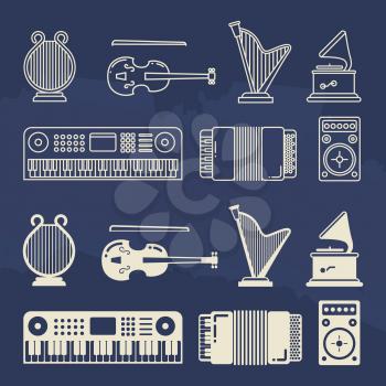 Line and silhouette classic music instruments icons of set. Vector illustration
