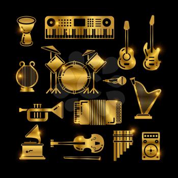 Shiny golden classic music instruments, silhouettes vector icons illustration