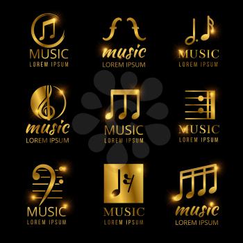 Shiny golden color music logos set isolated on black. Vector illustration