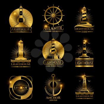 Vintage nautical golden labels with light house, sea boat and anchors. Vector illustration