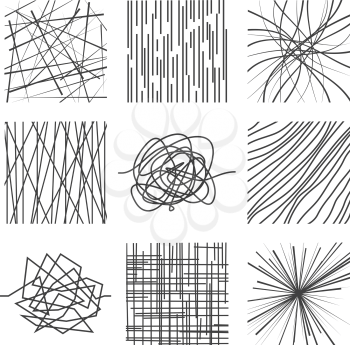 Random chaotic asymmetrical lines. Abstract modern linear vector patterns set. Illustration of line, graphic curve irregular structure