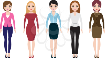 Young woman wearing in casual european suits. Adult business women in blouse, skirt and pants vector set. Businesswoman and manager character in fashion clothing illustration