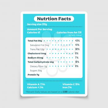 Nutrition facts food ingredients and vitamins label. Nutrition facts and ingredient calories amount illustration vector