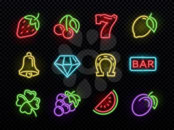 Slot machine bright neon vector symbols. Casino light gambling icons. Illustration of icons casino game neon, fortune and gambling