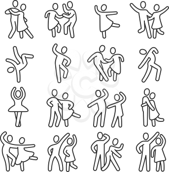 Happy dancing woman and man couple icons. Disco dance lifestyle vector pictograms. Illustration of couple dance, happy dancer person, ballet and salsa, latin and flamenco