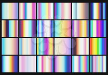 Rainbow metallic gradients with holographic colors vector templates. Rainbow hologram, holographic gradient collection illustration
