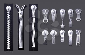 Metal and plastic fasteners, zippers. Garment components and handbag accessories vector set. Fastener and zipper isolated, realistic zippered accessories illustration