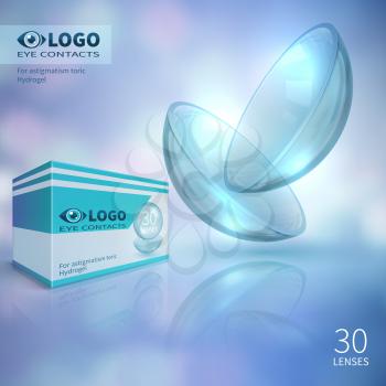Contact eye lens vector 3d concept for optical shop. Illustration of contact lens clean and transparent