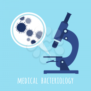 Microscope and zoom view of bacteria. Health medicine biology, vector illustration