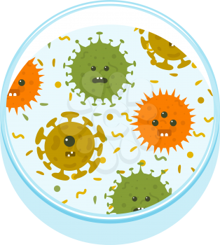 Petri dish with cartoon microbes. Bacteria and virus microbiology, vector illustration
