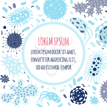 Poster of doodle microbes with round shape for text. Vector illustration