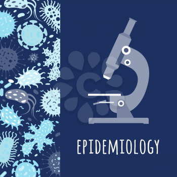 Poster with microscope and microbes. Vector epidemiology concept banner with microscope illustration