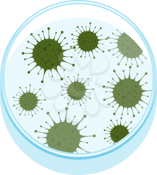 Vector illustration of petri dish with microbes. Laboratory research bacteria