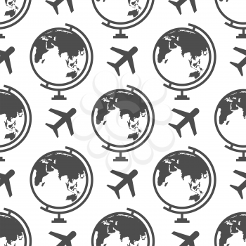 Globe and airplane seamless pattern - geographical or travel background. Vector illustration