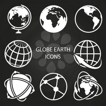 Globe earth icons collection on blackboard. Abstract global sphere, vector illustration